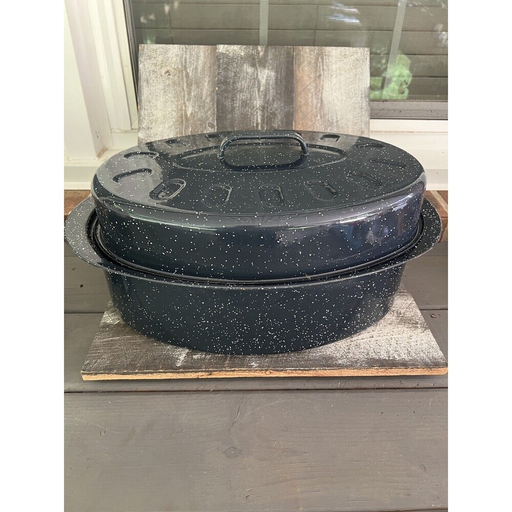 Vintage Speckled Granite Ware Lg Roasting Pan & Lid Ham Turkey Roaster Roaster